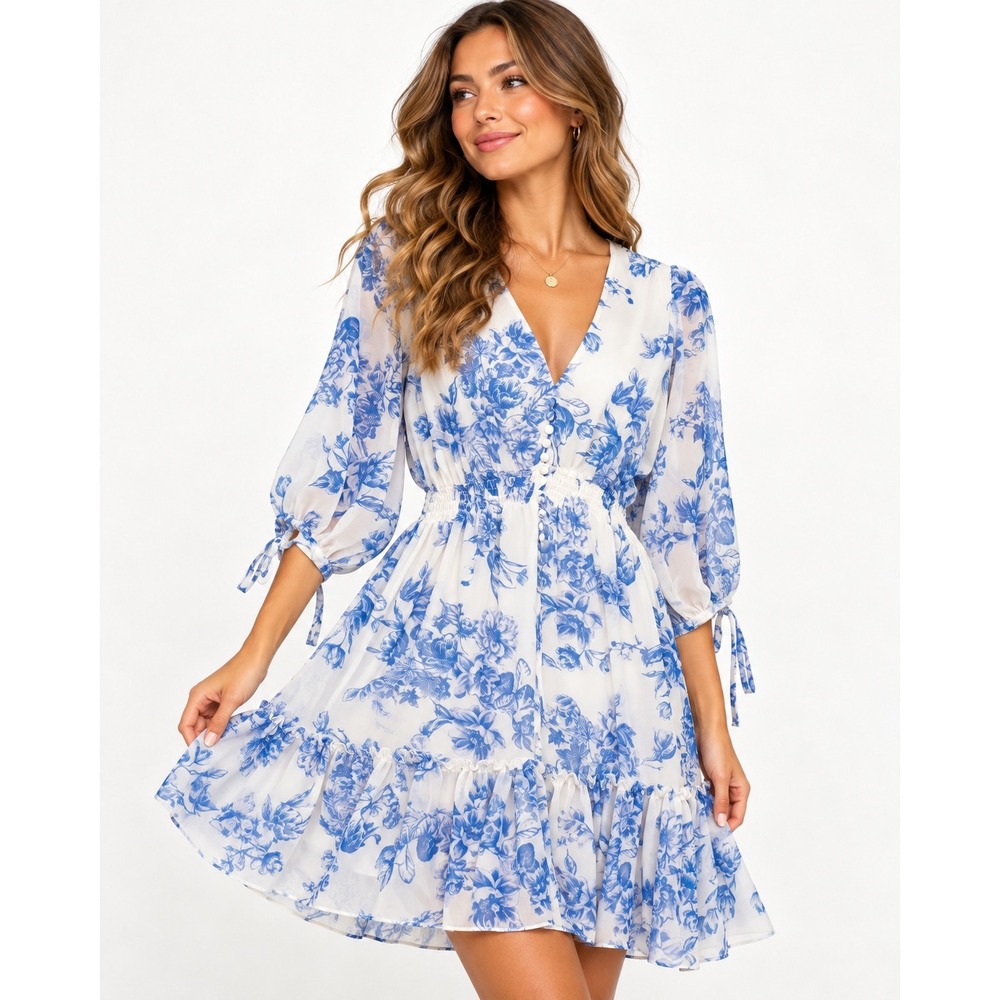 Taylor Blue White Floral Smocked Tiered Dress Cottagecore Coquette Garden Chic 8
